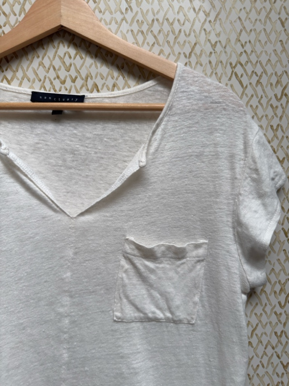 Sanctuary Linen Tee White VNeck Chiffon Hem Pocket Top Relaxed Boho L - Picture 3 of 11